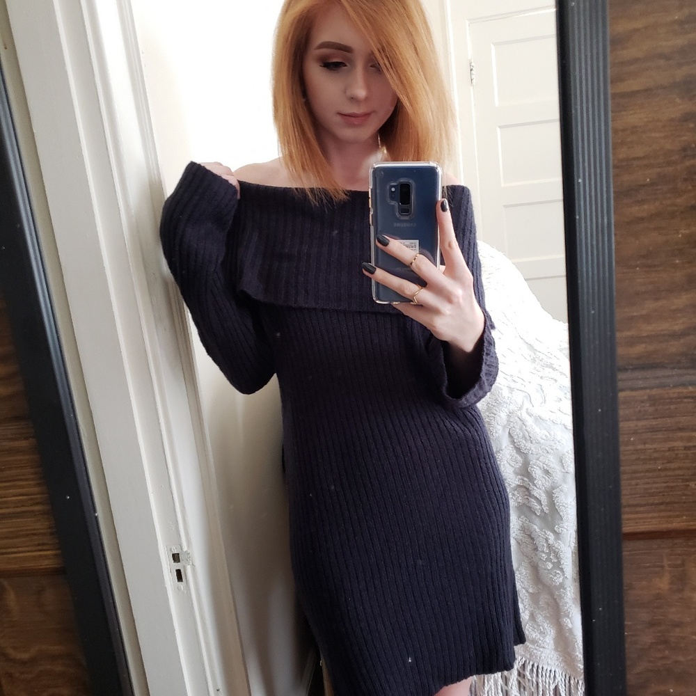 Blue off the shoulder sweater dress